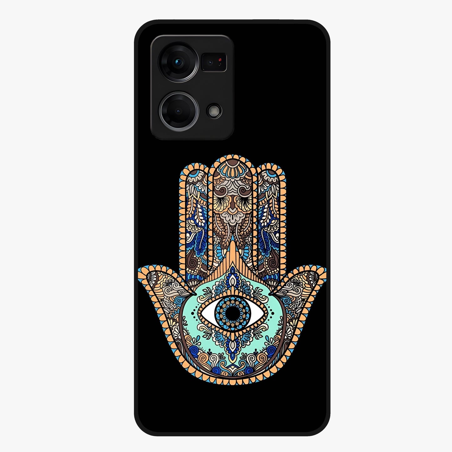 Mystic Hamsa Eye Glass Case showing flat back view with protective hamsa hand and evil eye artwork and glossy glass finish.