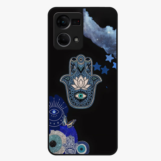 Mystic Hand Aura Glass Case showing flat back view with mystical hand symbol artwork and glossy glass finish.