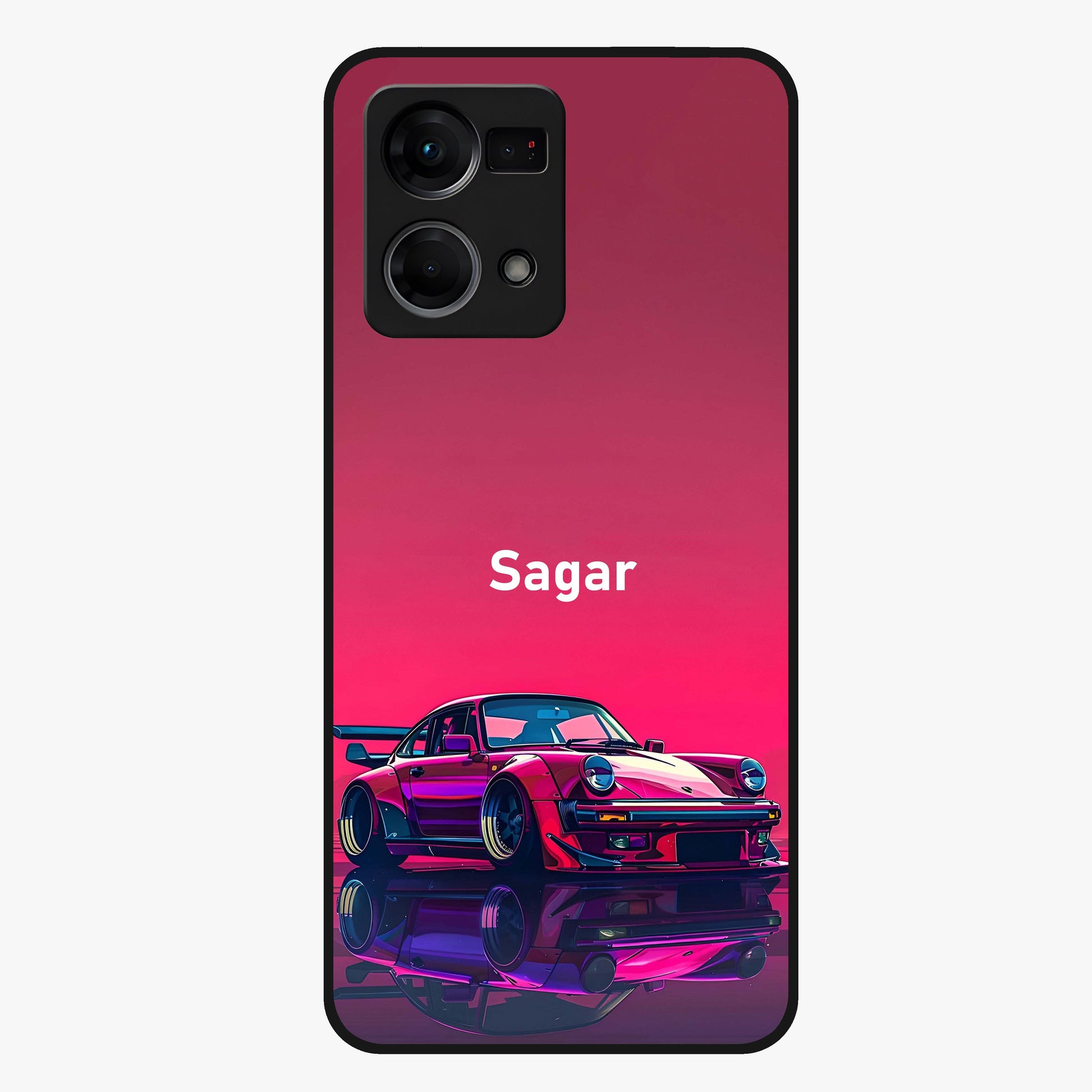 Neon Pink Porsche Glass Case showing flat back view with stylish sports car artwork and glossy glass finish.