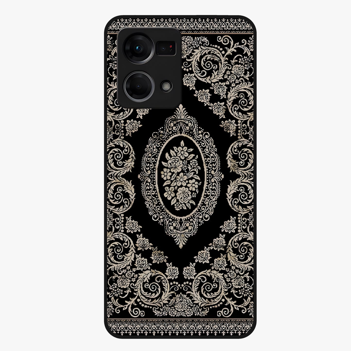 Noir Bloom Elegance Glass Case showing flat back view with elegant dark floral artwork and glossy glass finish.