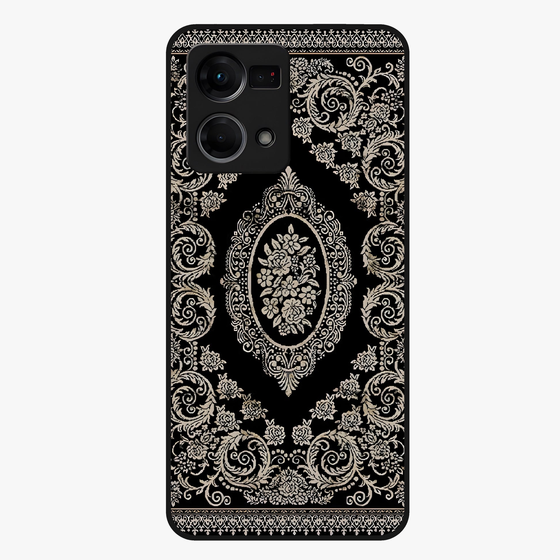 Noir Bloom Elegance Glass Case showing flat back view with elegant dark floral artwork and glossy glass finish.