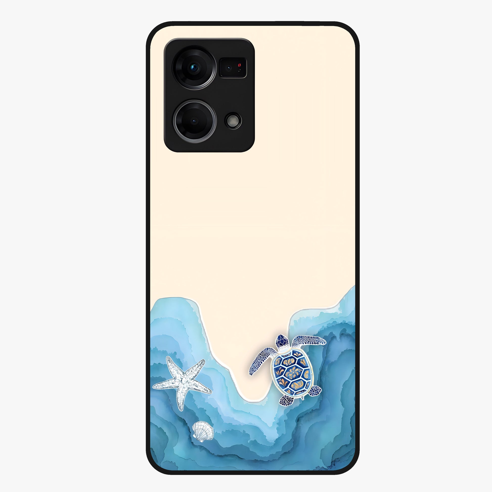 Ocean Drift Turtle Glass Case showing flat back view with sea turtle artwork and glossy glass finish.