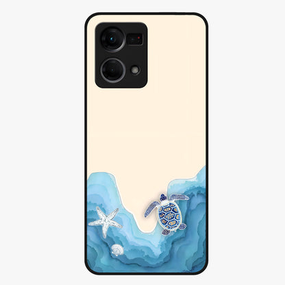 Ocean Drift Turtle Glass Case showing flat back view with sea turtle artwork and glossy glass finish.