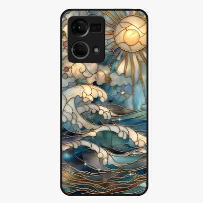Oceanic Stained Printed Glass Case showing flat back view with ocean inspired stained pattern artwork and glossy glass finish.