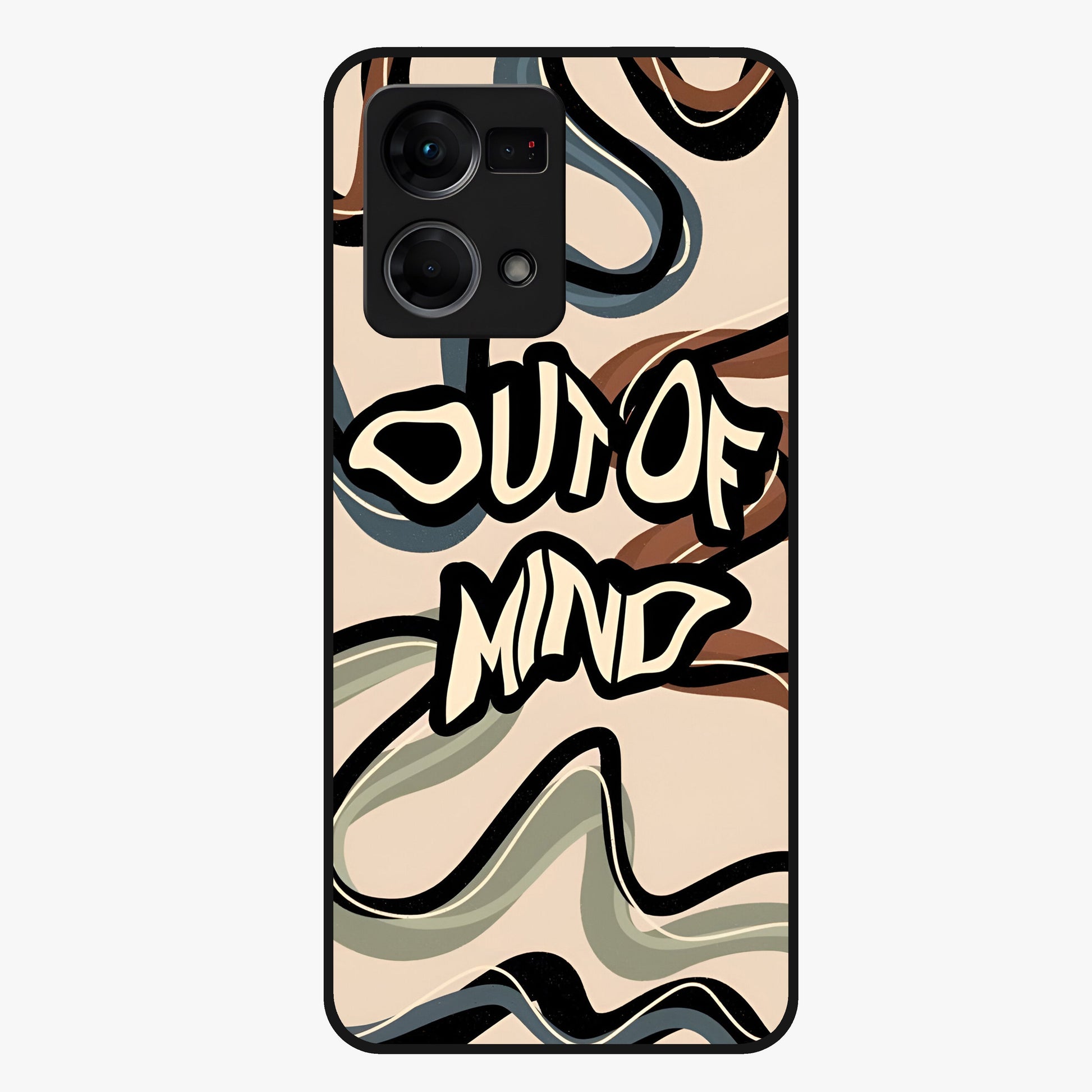 Out Of Mind Glass Case showing flat back view with expressive typography artwork and glossy glass finish.