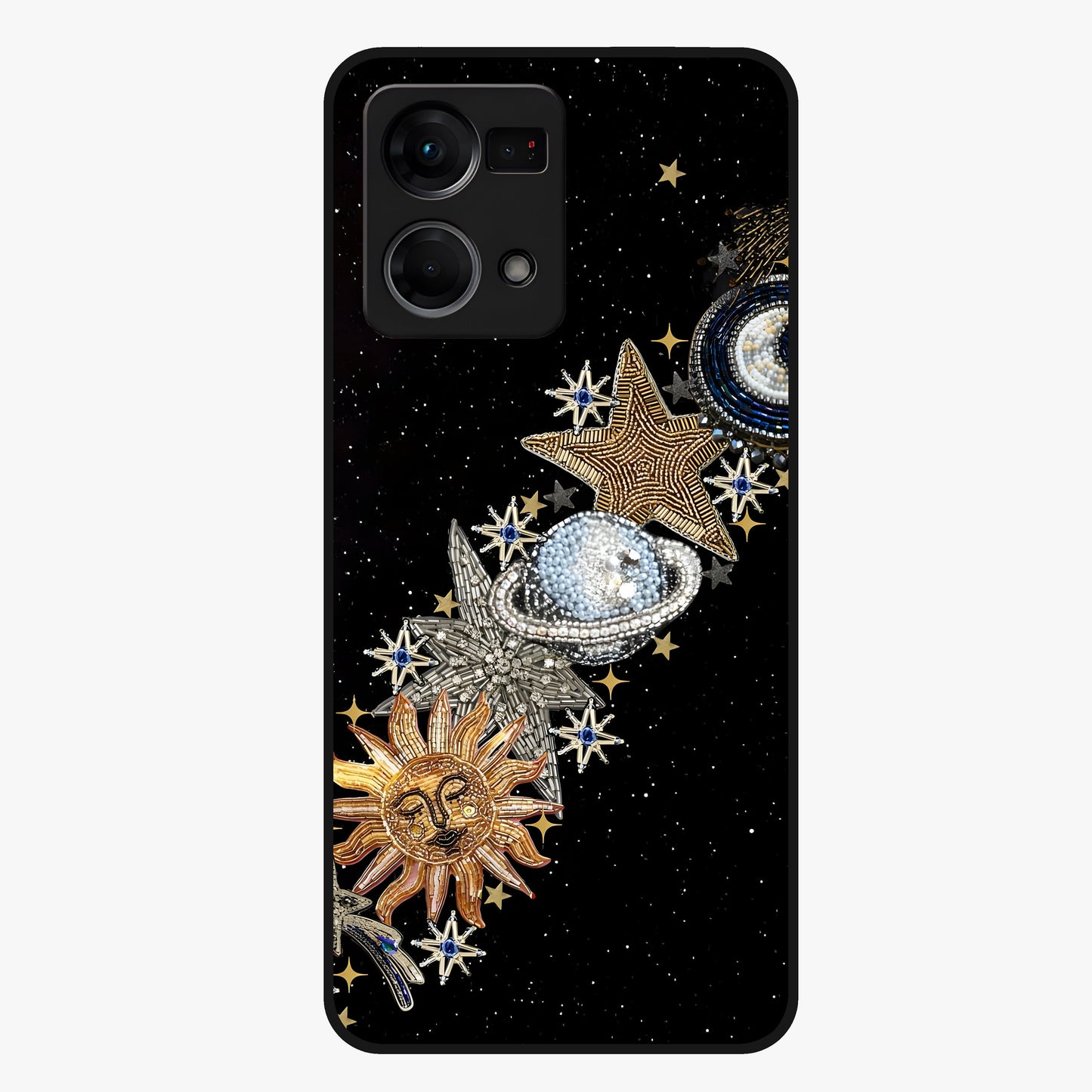 Pearls Universe Object Glass Case showing flat back view with pearl inspired cosmic artwork and glossy glass finish.