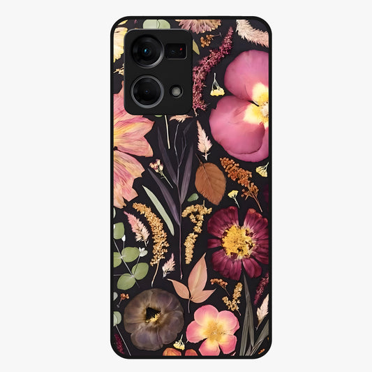 Petal Dream Tapestry Glass Case showing flat back view with intricate floral tapestry artwork and glossy glass finish.