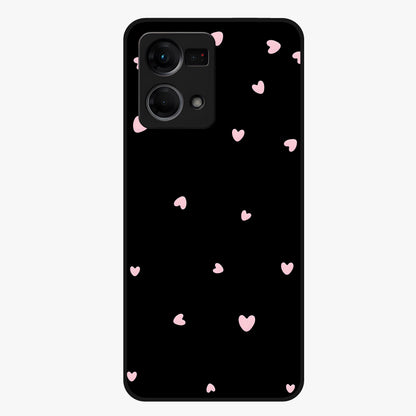 Pink Love Drops Glass Case showing flat back view with playful pink heart drops artwork and glossy glass finish.