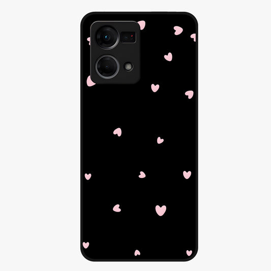 Pink Love Drops Glass Case showing flat back view with playful pink heart drops artwork and glossy glass finish.