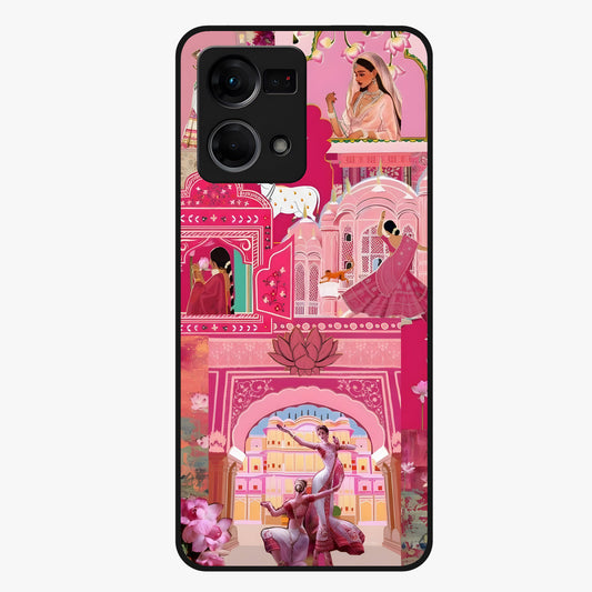 Pink Palace Muse Glass Case showing flat back view with elegant palace inspired artwork and glossy glass finish.