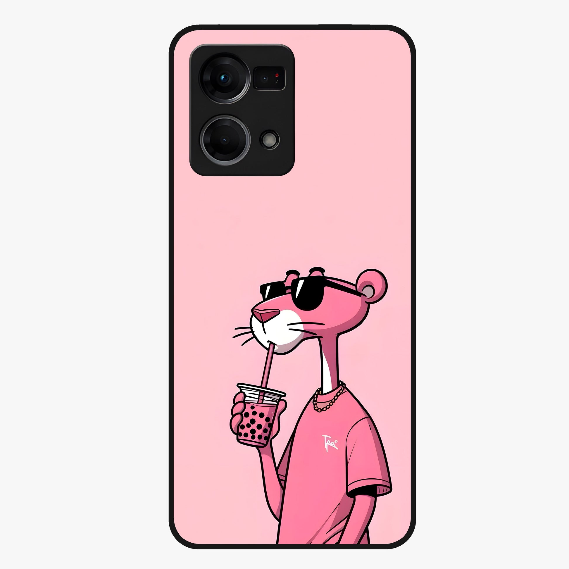 Pink Panther Glass Case showing flat back view with iconic pink panther artwork and glossy glass finish.