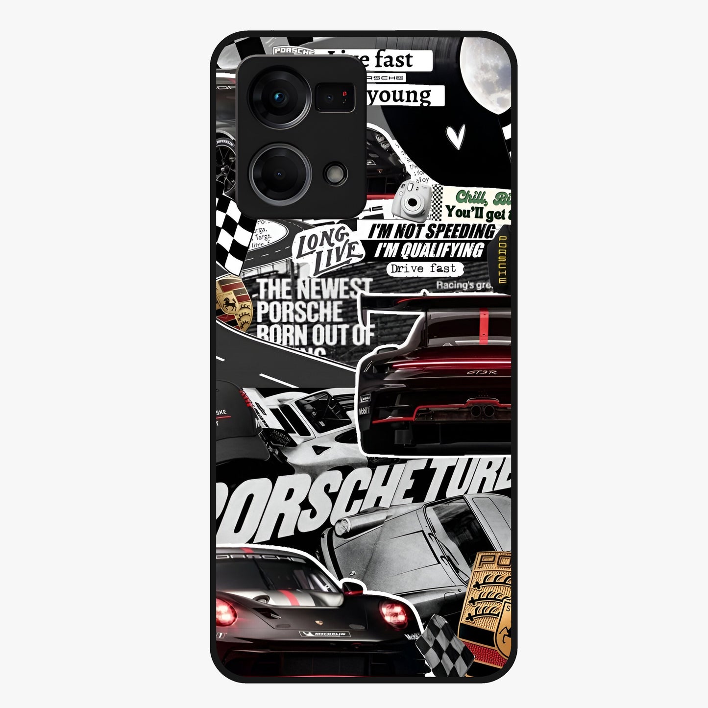 Porsche Racing Collage Glass Case showing flat back view with sports car racing collage artwork and glossy glass finish.