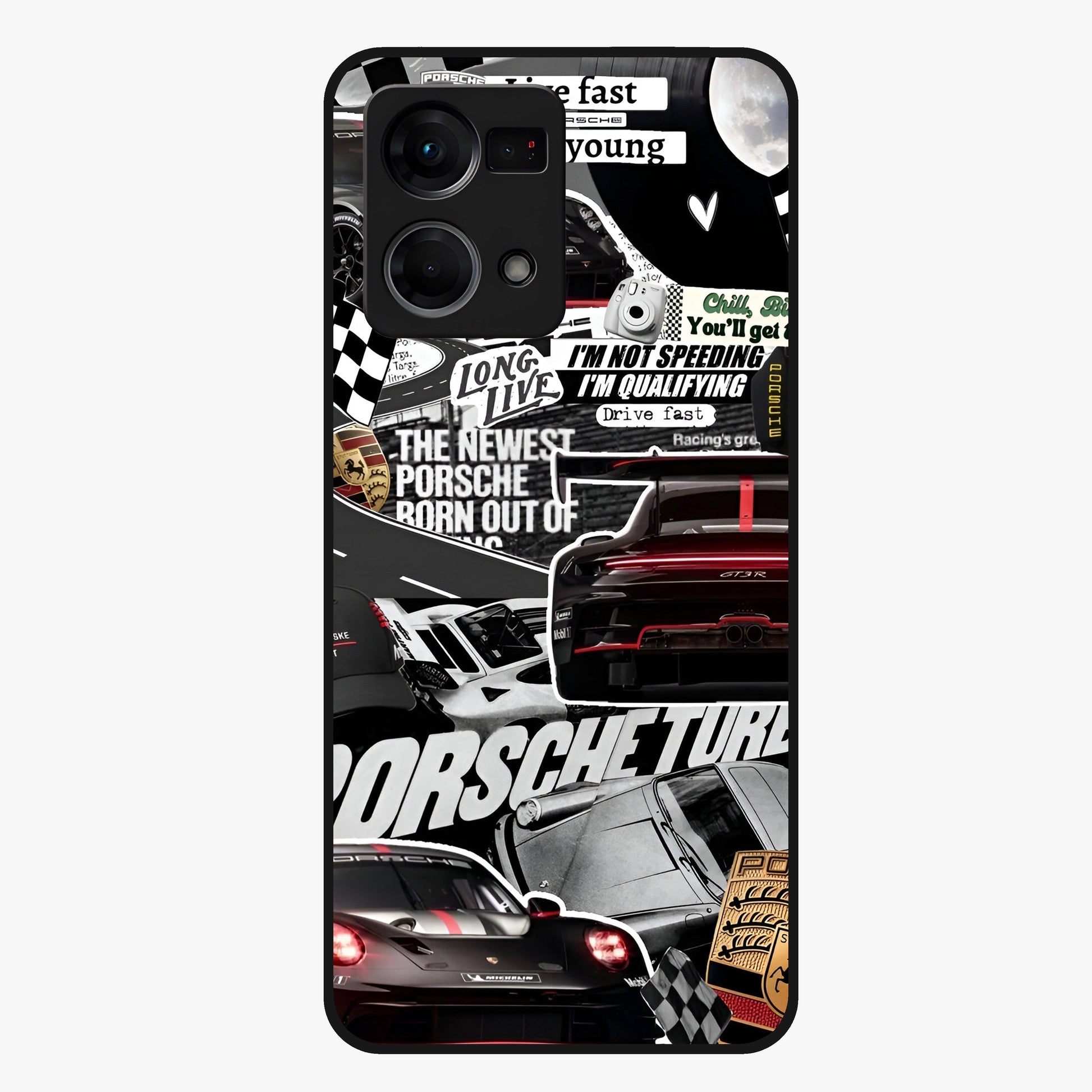 Porsche Racing Collage Glass Case showing flat back view with sports car racing collage artwork and glossy glass finish.