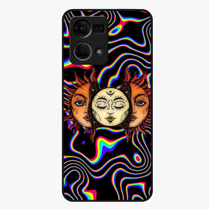 Psychedelic Sun Glass Case showing flat back view with colorful psychedelic sun artwork and glossy glass finish.