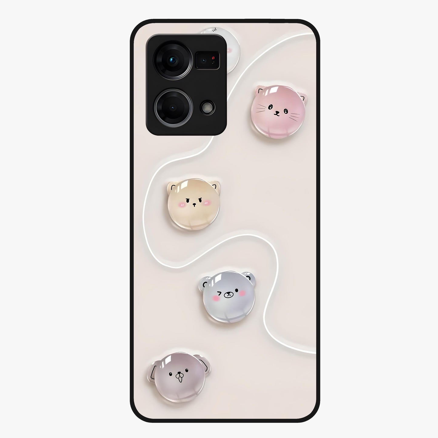 Puffy Face Parade Glass Case showing flat back view with cute puffy character faces artwork and glossy glass finish.