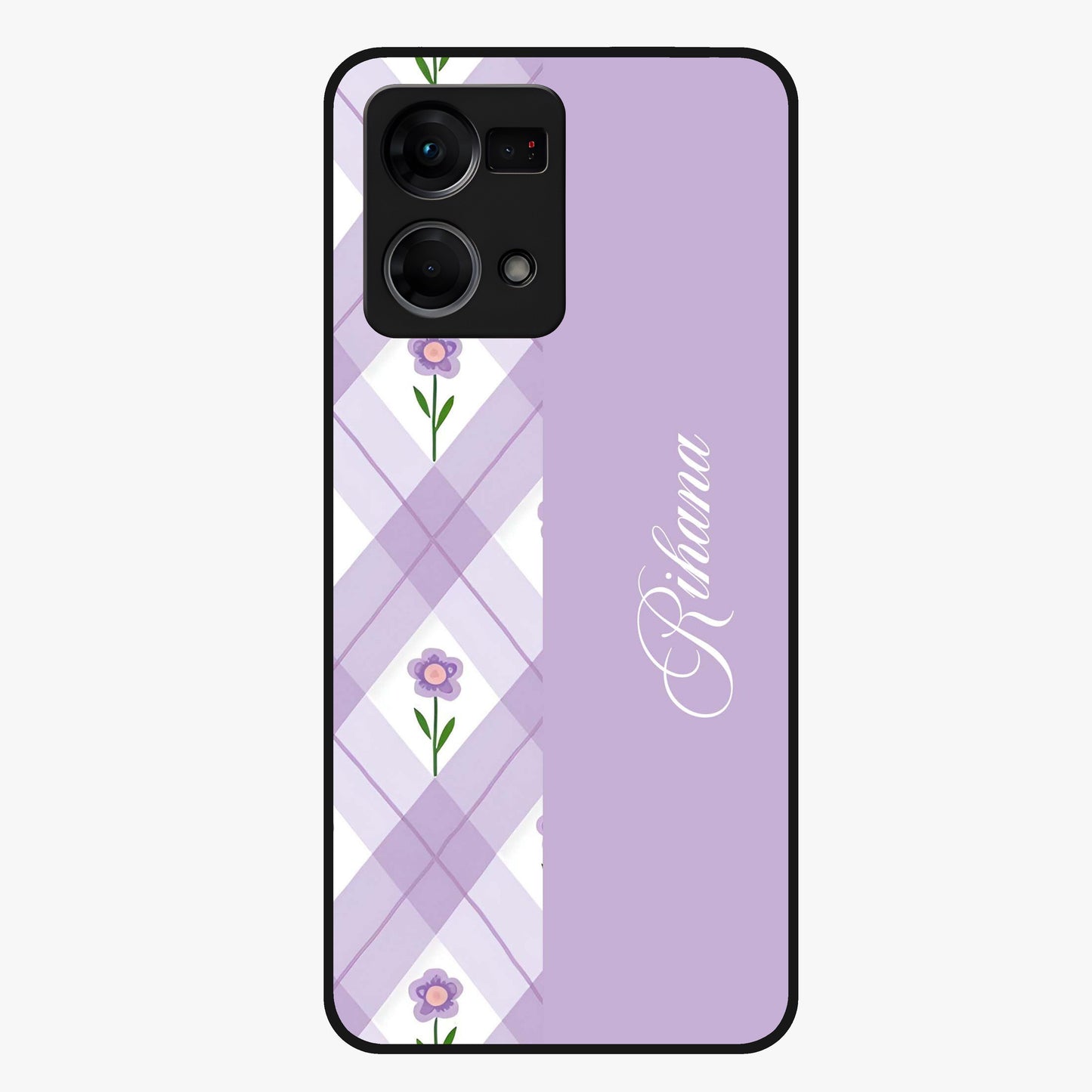 Purple Diamond Floral Glass Case showing flat back view with diamond shaped floral artwork and glossy glass finish.
