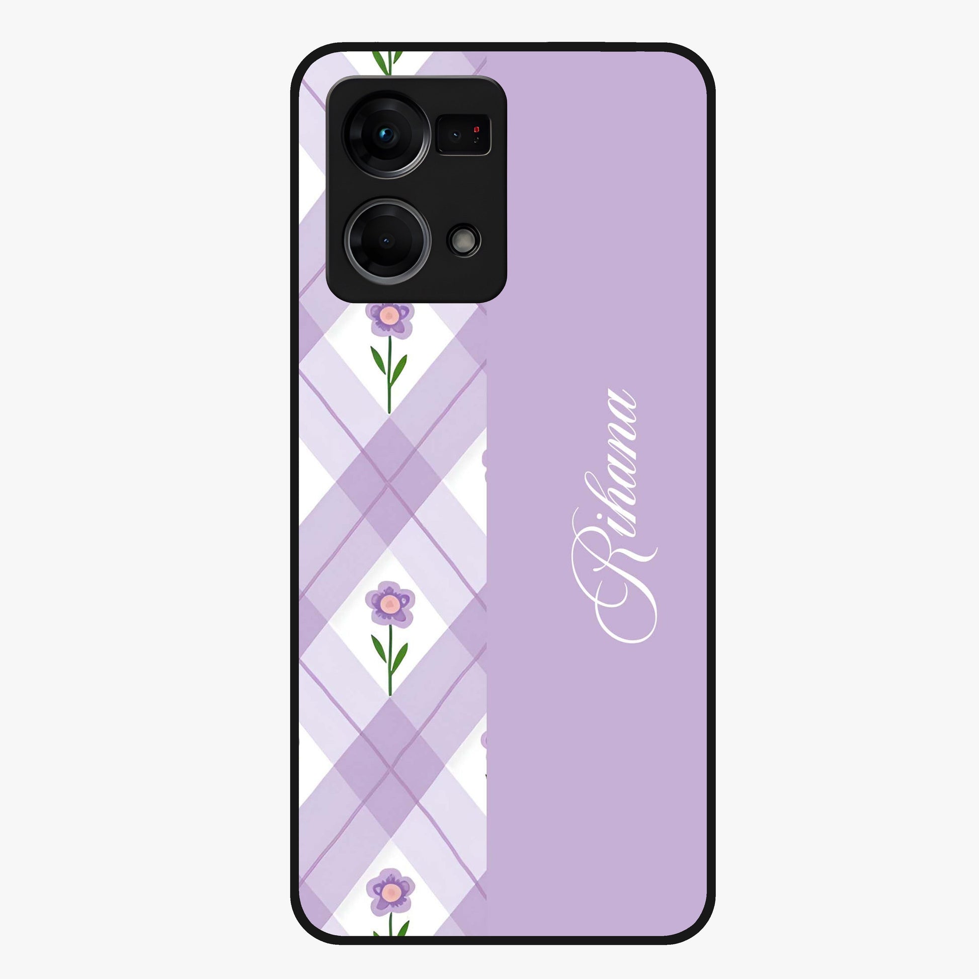 Purple Diamond Floral Glass Case showing flat back view with diamond shaped floral artwork and glossy glass finish.