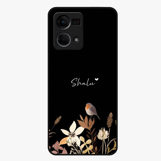 Quiet Garden Tune Custom Name Glass Case showing flat back view with peaceful garden artwork and personalized name design.