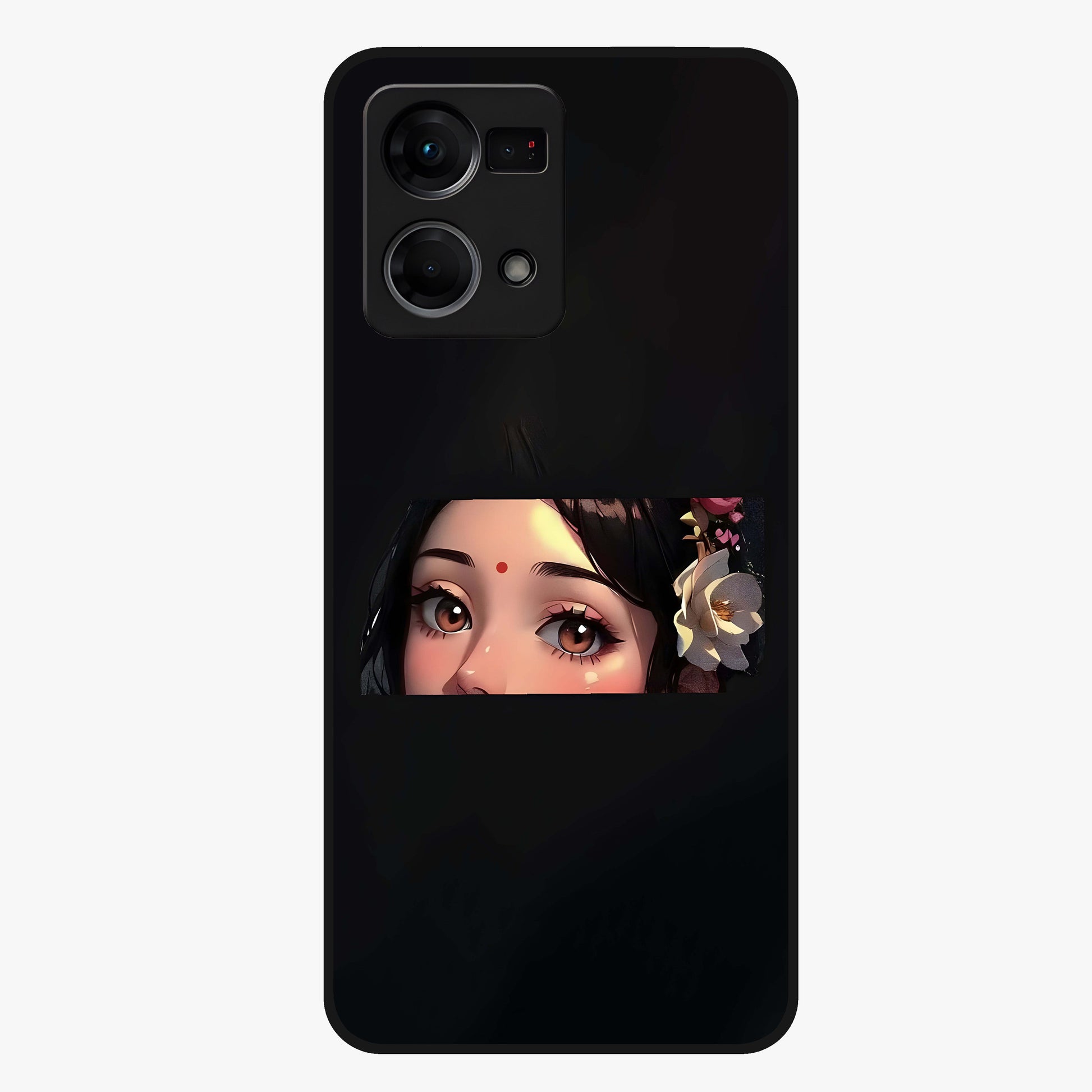 Radha Divine Embrace Glass Case showing flat back view with devotional Radha artwork and glossy glass finish.