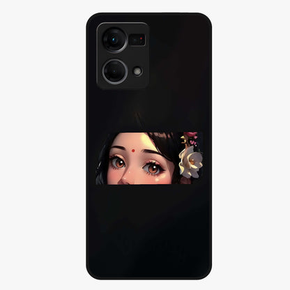 Radha Divine Embrace Glass Case showing flat back view with devotional Radha artwork and glossy glass finish.