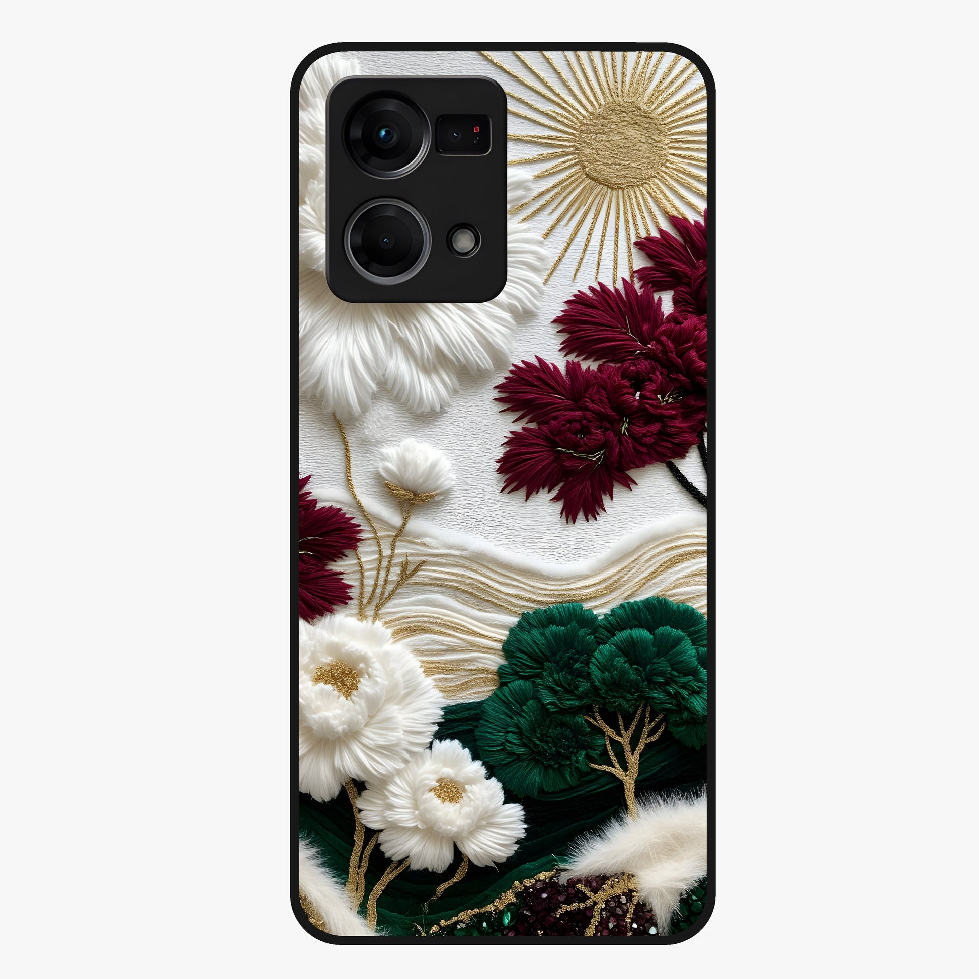 Radiant Bloom Elegance Glass Case showing flat back view with elegant blooming flower artwork and glossy glass finish.