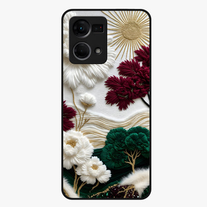 Radiant Bloom Elegance Glass Case showing flat back view with elegant blooming flower artwork and glossy glass finish.