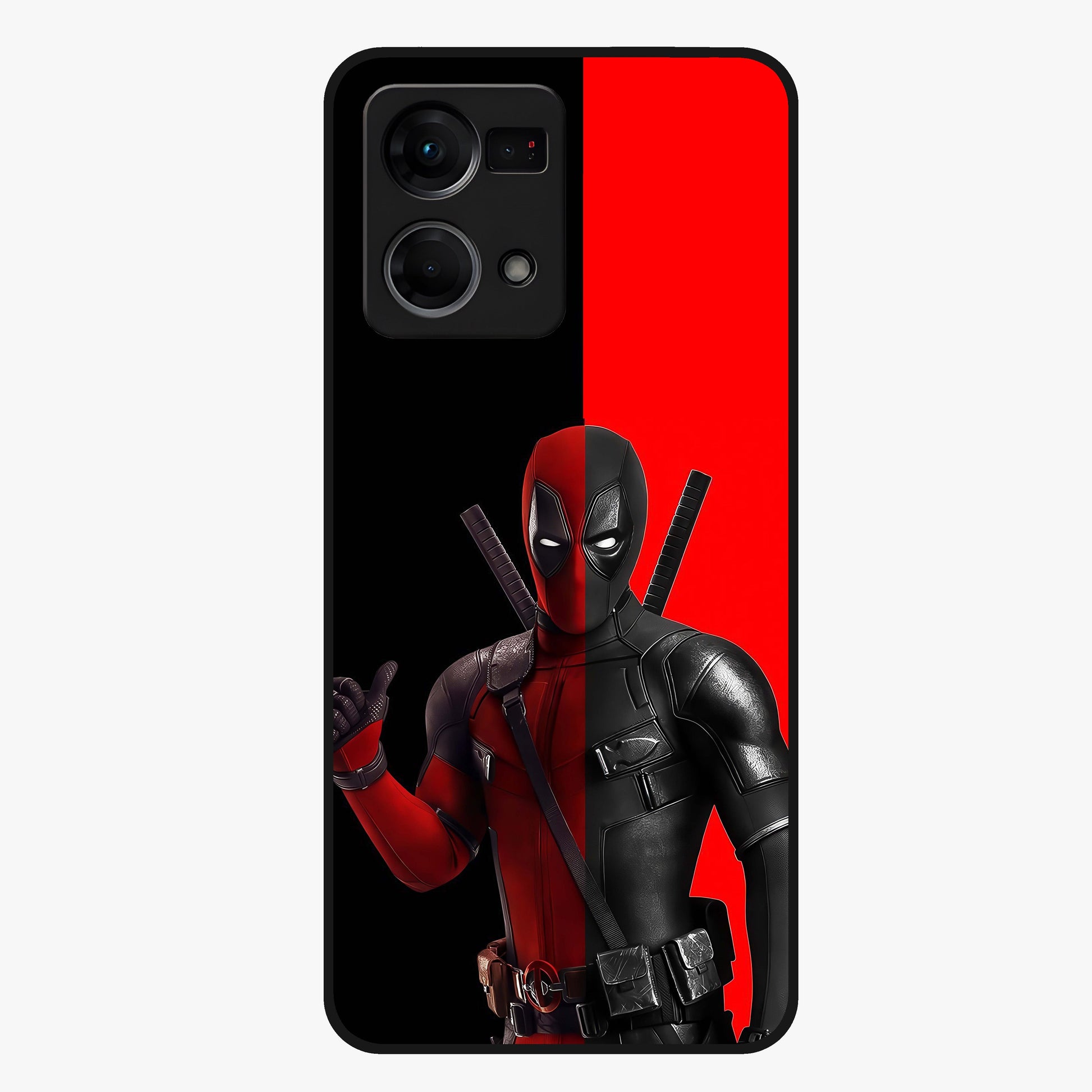 Red & Black Deadpool Theme Glass Case showing flat back view with bold comic inspired artwork and glossy glass finish.