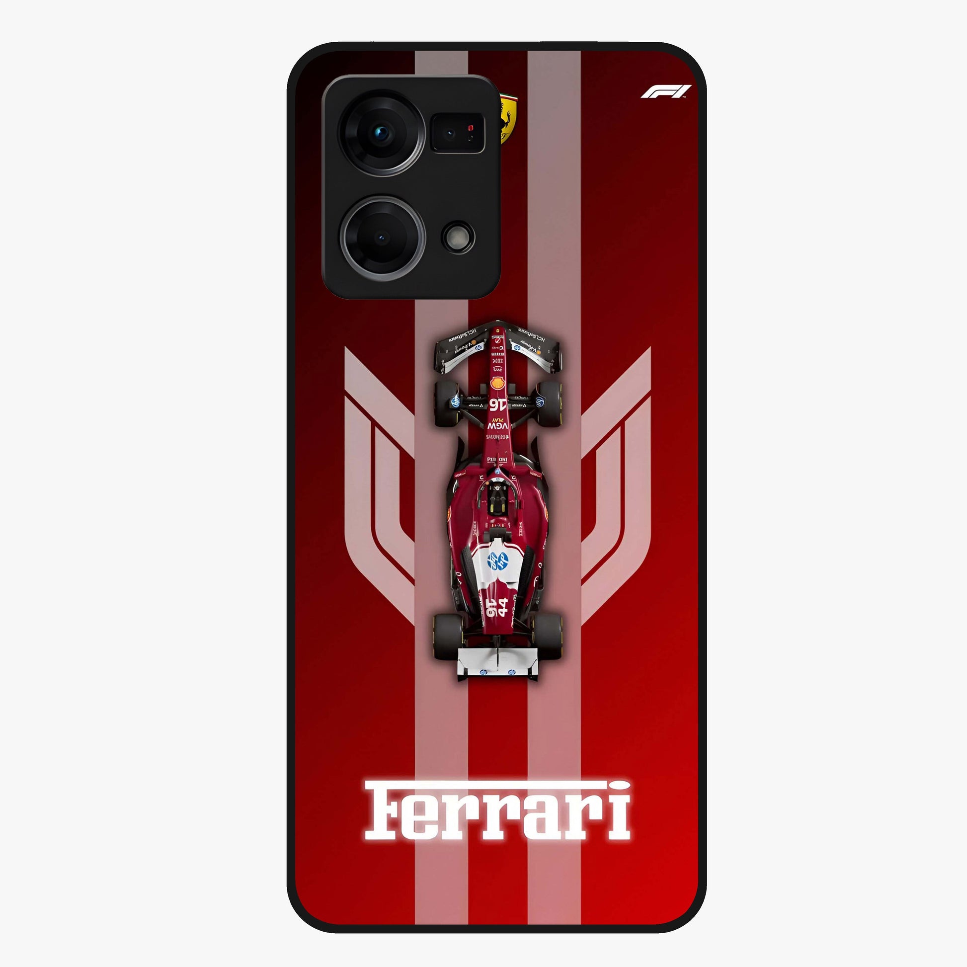 Red Ferrari F1 Vertical Glass Case showing flat back view with sleek Formula racing car artwork and glossy glass finish.