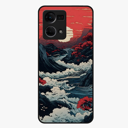 Red Sunset Scenery Glass Case showing flat back view with vibrant sunset landscape artwork and glossy glass finish.