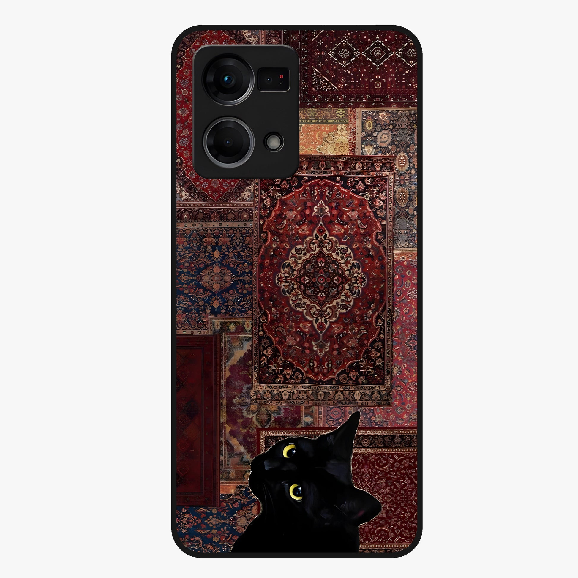 Regal Magic Cat Apple Glass Case showing flat back view with magical cat artwork holding apple and glossy glass finish.