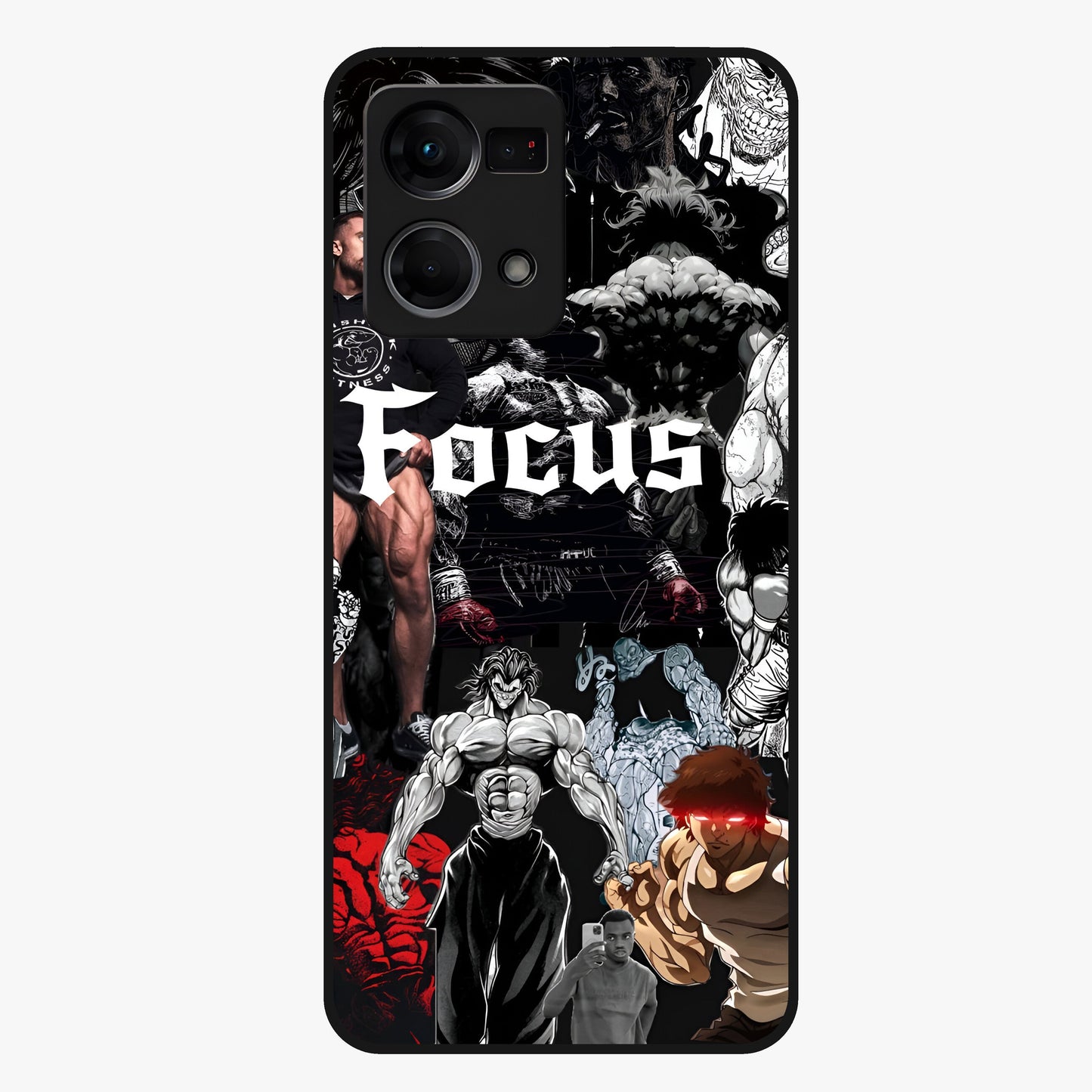 Relentless Power Focus Glass Case showing flat back view with motivational typography artwork and glossy glass finish.