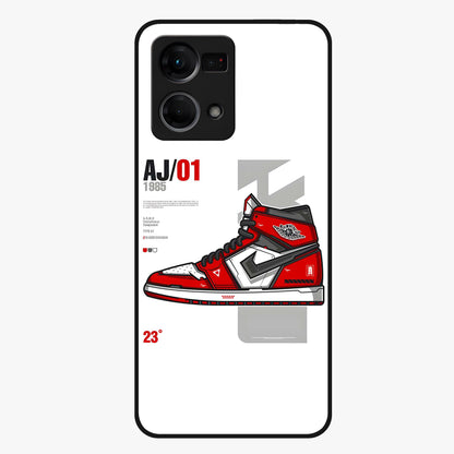 Retro Sneaker Blueprint Glass Case showing flat back view with sneaker blueprint style artwork and glossy glass finish.