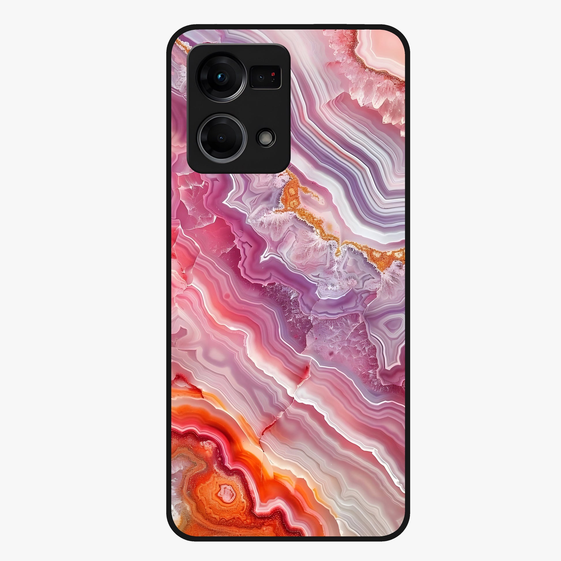 Rose Quartz Marble Glass Case showing flat back view with pink marble quartz texture artwork and glossy glass finish.