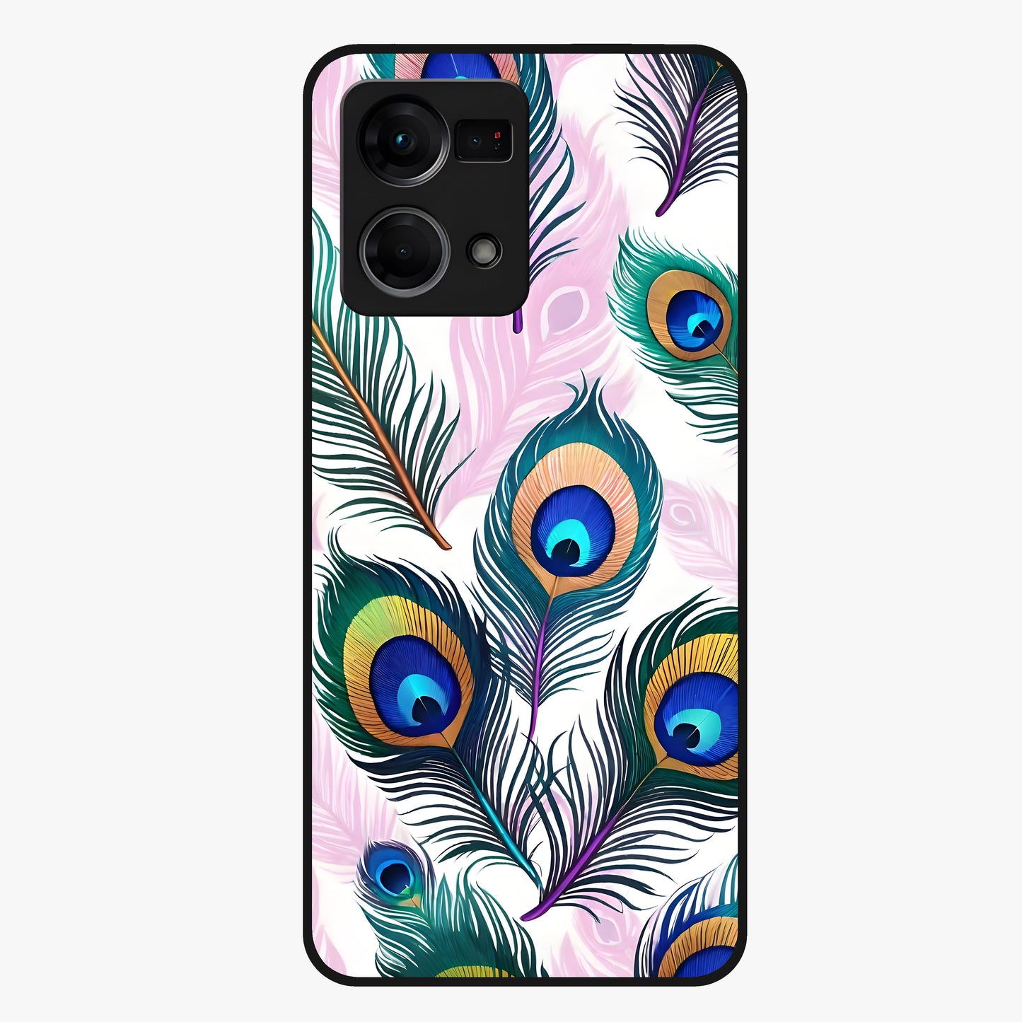 Royal Peacock Feathers Glass Case showing flat back view with colorful peacock feather artwork and glossy glass finish.