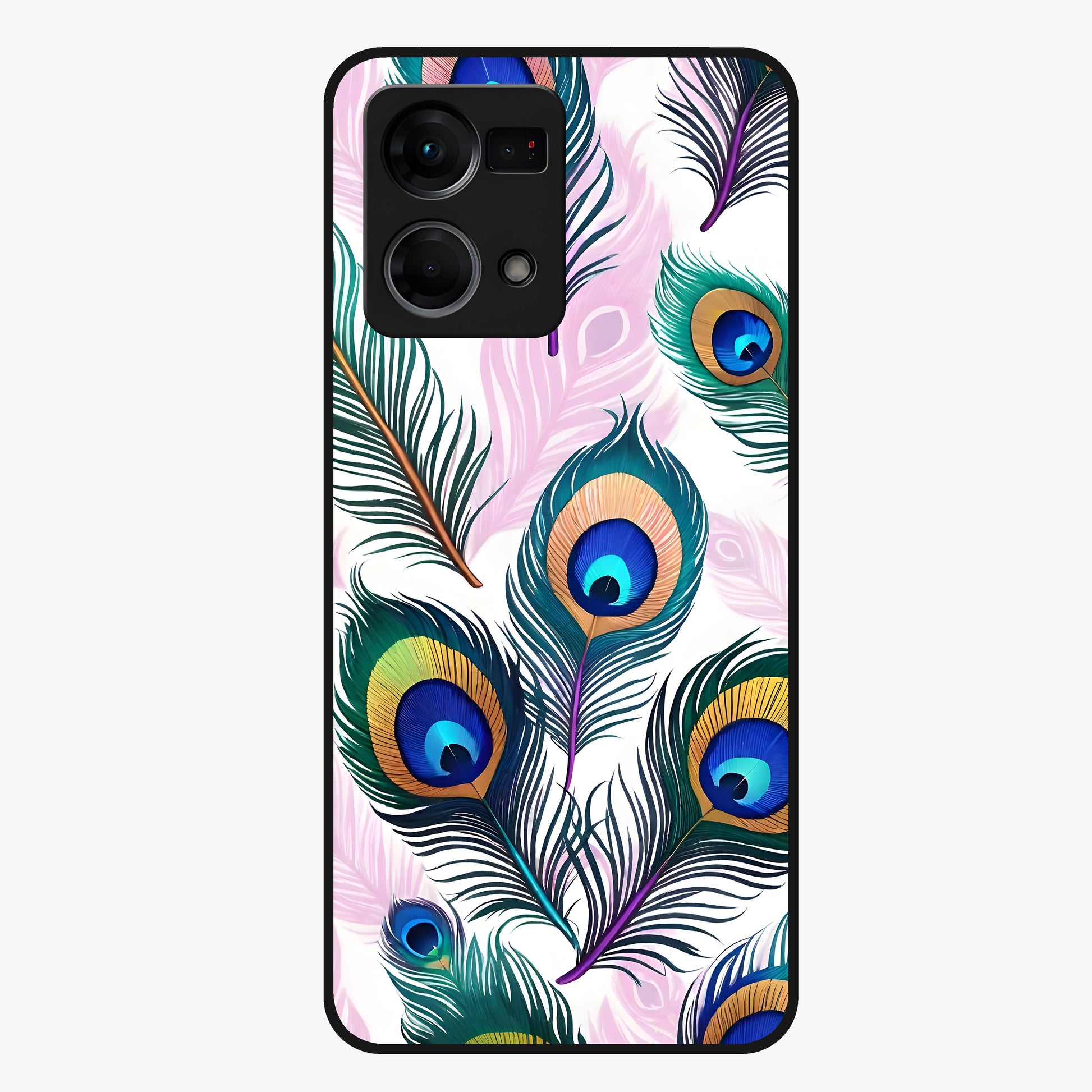 Royal Peacock Feathers Glass Case showing flat back view with colorful peacock feather artwork and glossy glass finish.