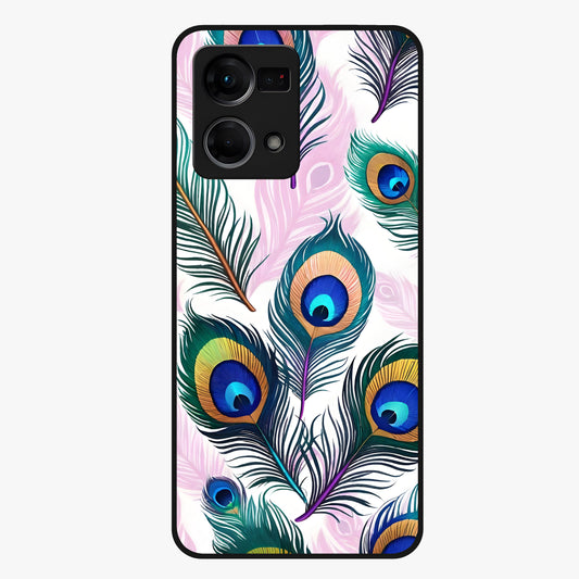 Royal Peacock Feathers Glass Case showing flat back view with colorful peacock feather artwork and glossy glass finish.