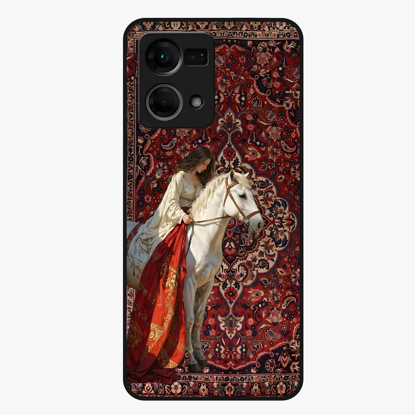 Royal Rider Tapestry Glass Case showing flat back view with majestic horse rider tapestry artwork and glossy glass finish.