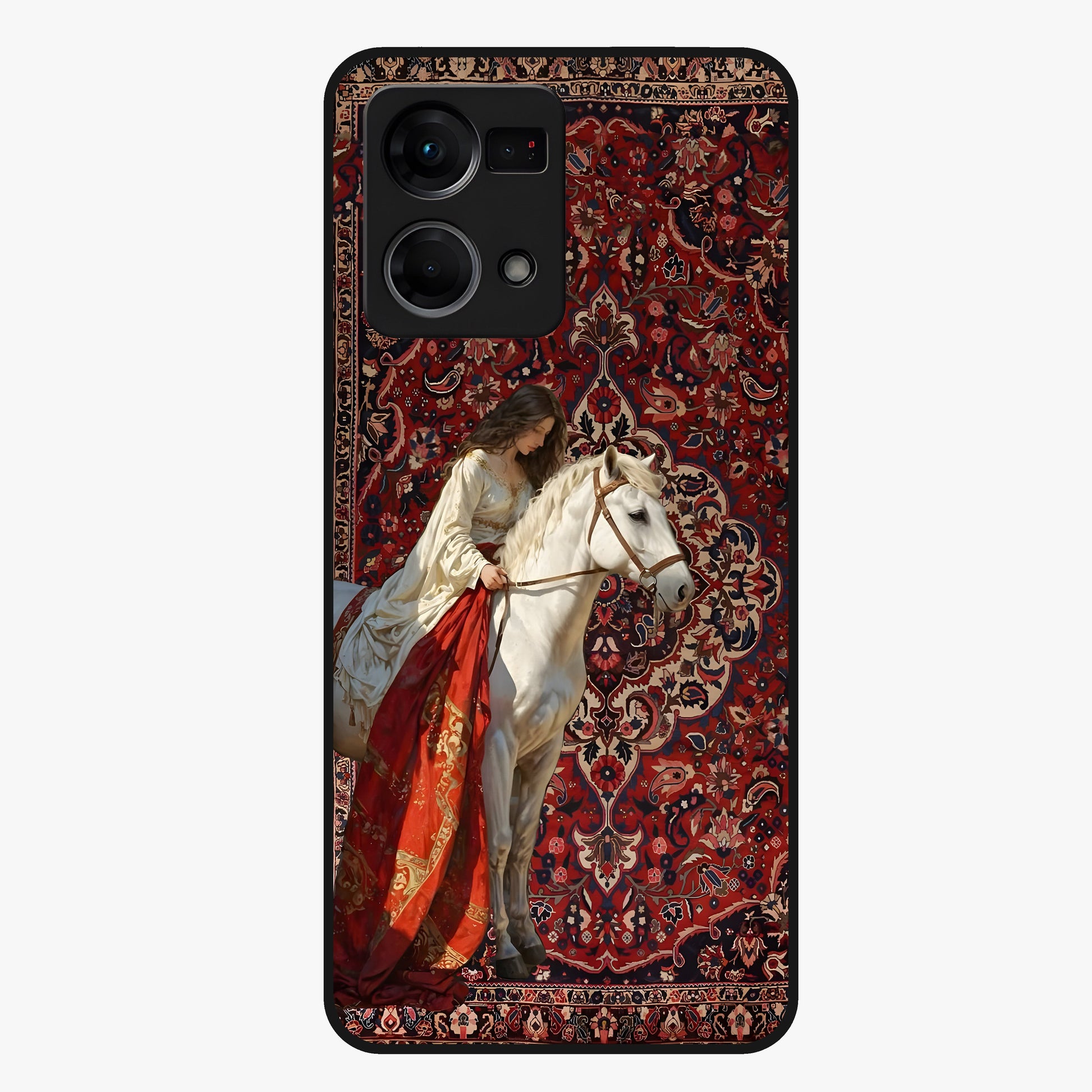 Royal Rider Tapestry Glass Case showing flat back view with majestic horse rider tapestry artwork and glossy glass finish.