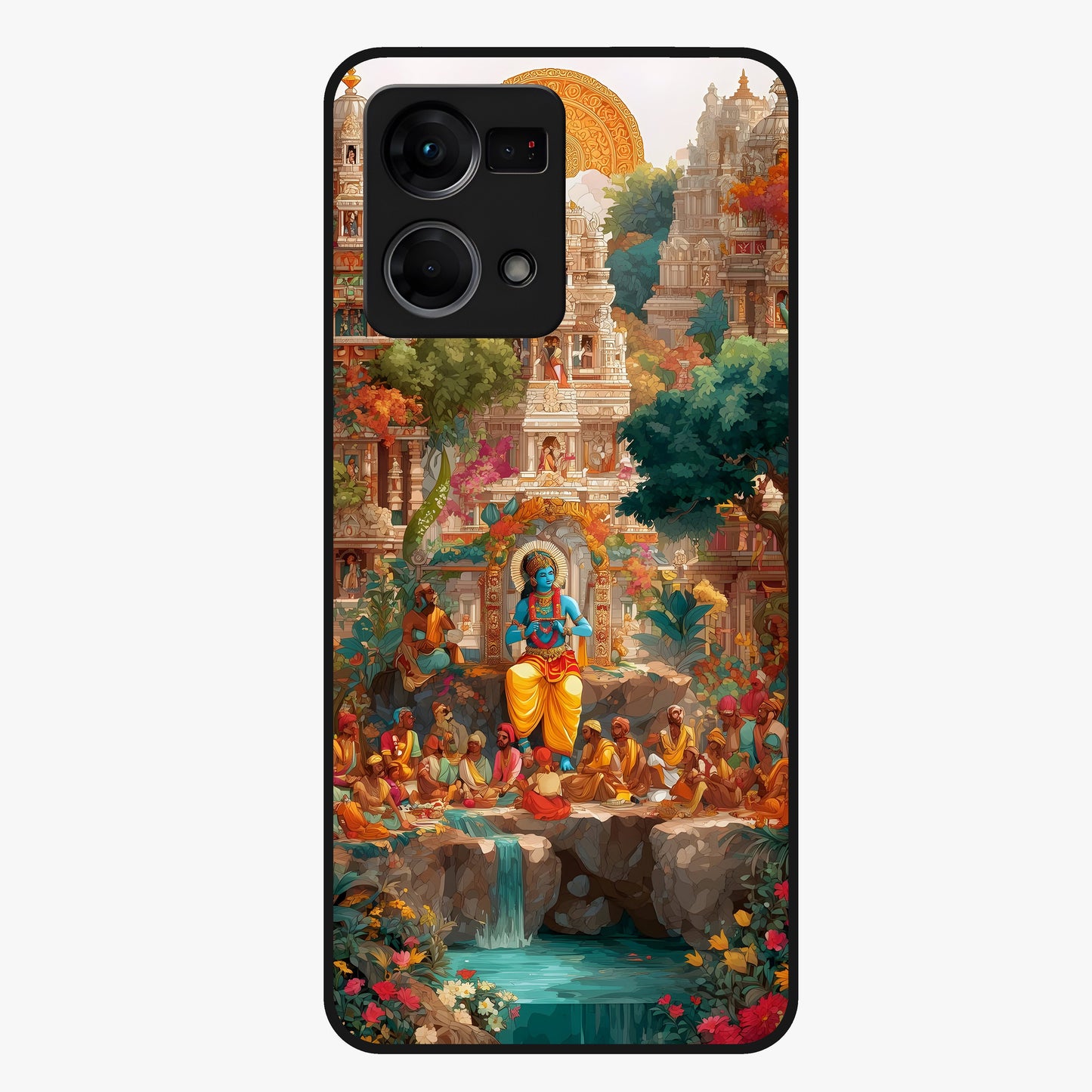 Sacred Sunlight Gods Glass Case showing flat back view with divine sunlight themed artwork and glossy glass finish.