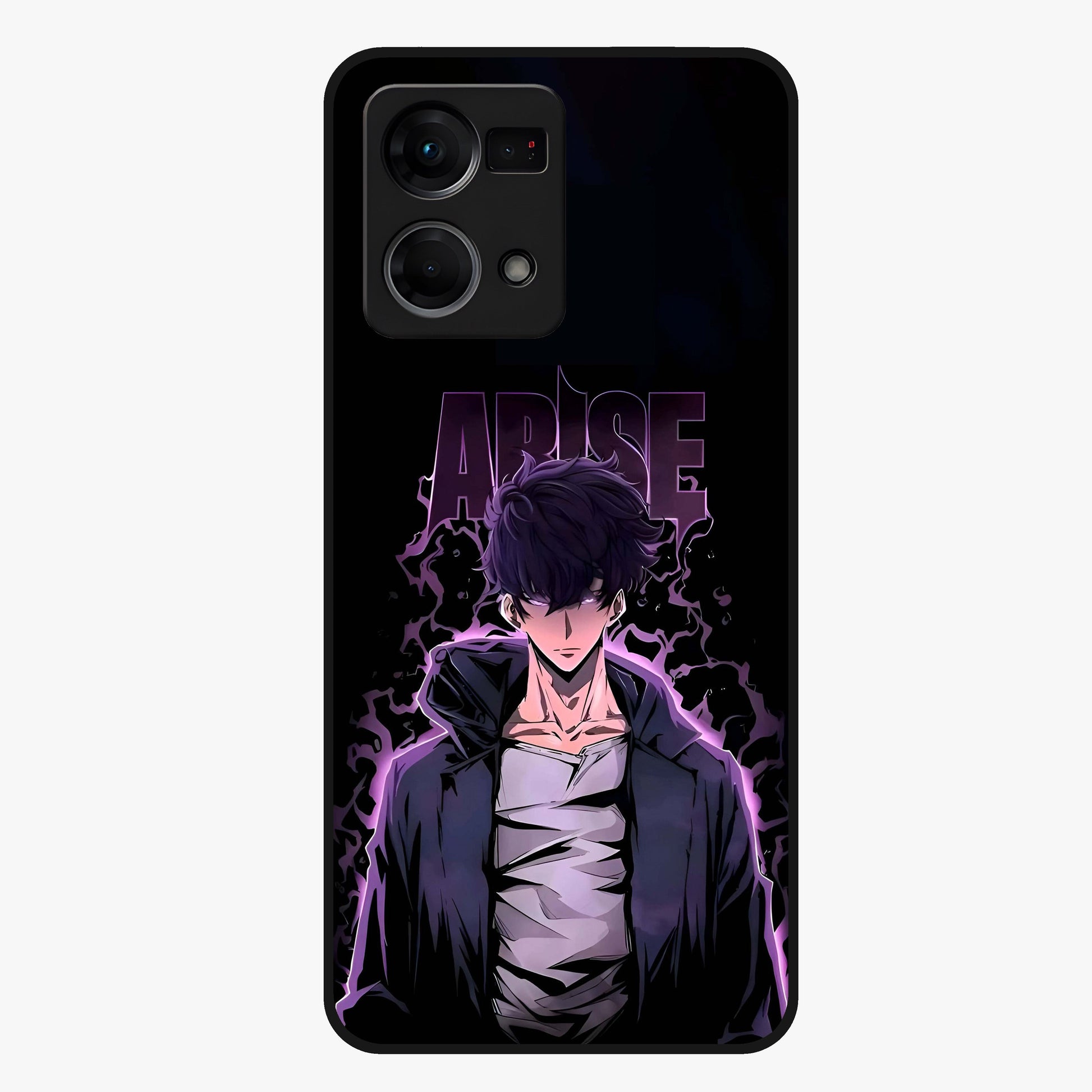 Shadow Monarch Awakening Glass Case showing flat back view with powerful dark monarch themed artwork and glossy glass finish.