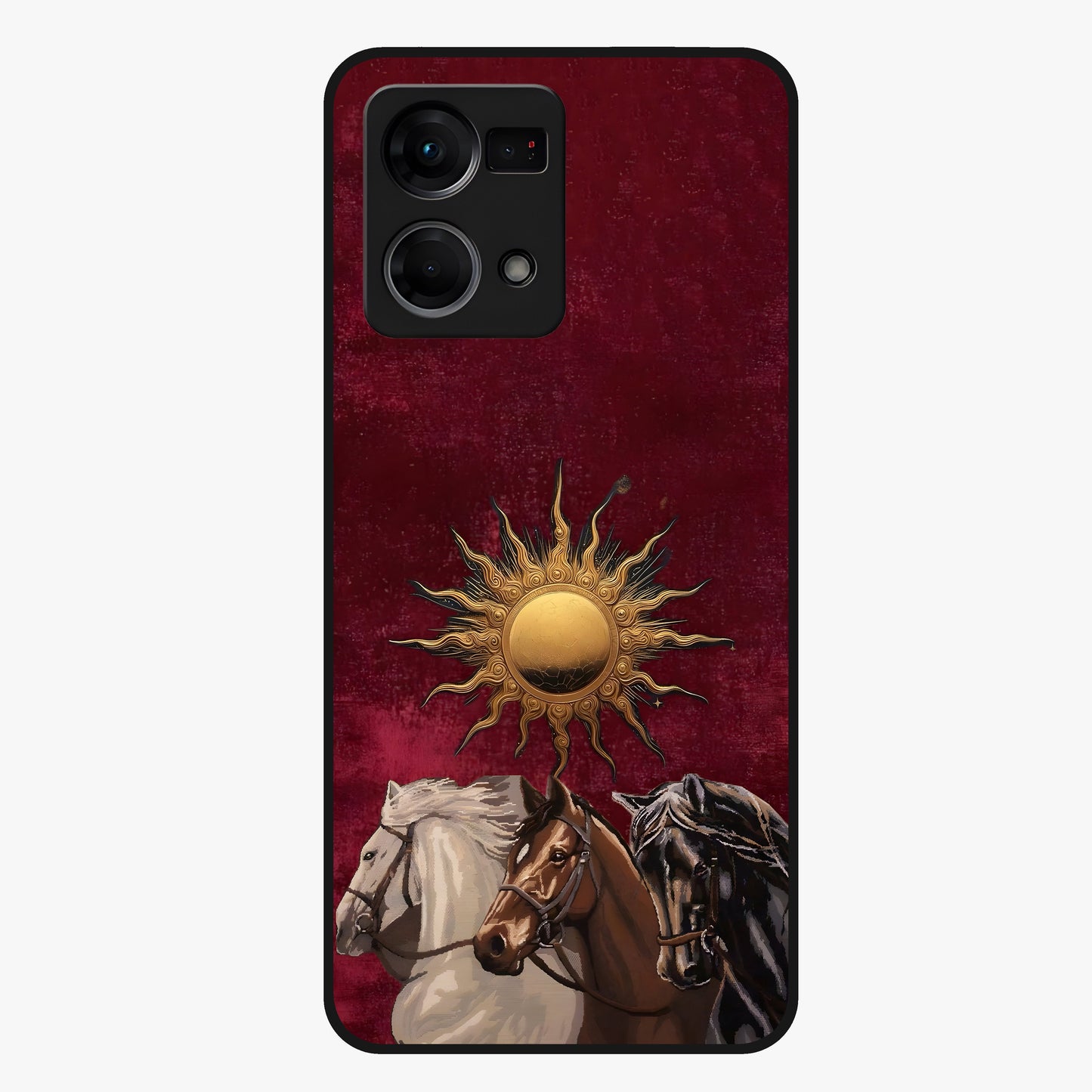 Solar Riders Glass Case showing flat back view with dynamic rider themed artwork and glossy glass finish.