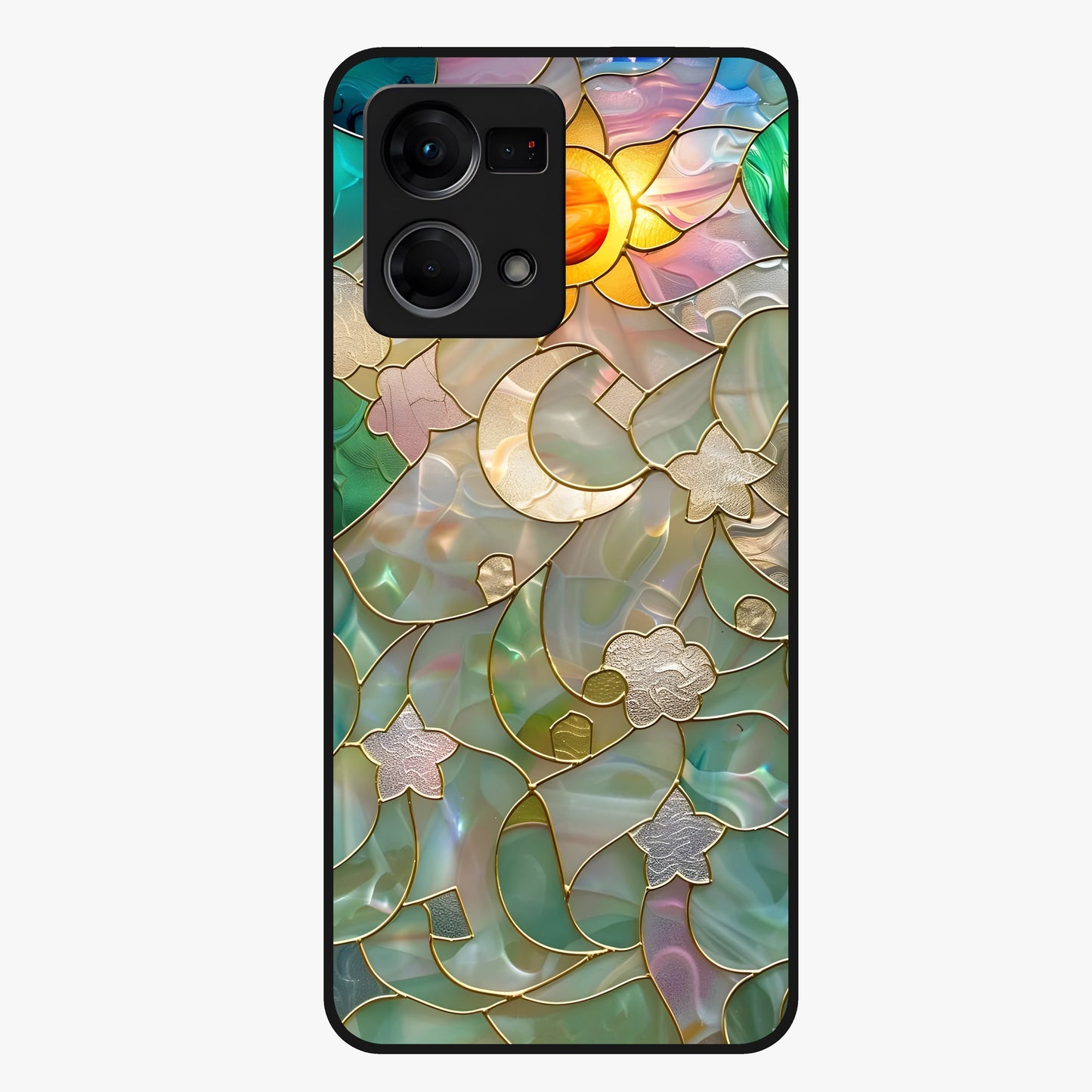 Stained Sunrise Glow Glass Case showing flat back view with glowing sunrise stained pattern artwork and glossy glass finish.