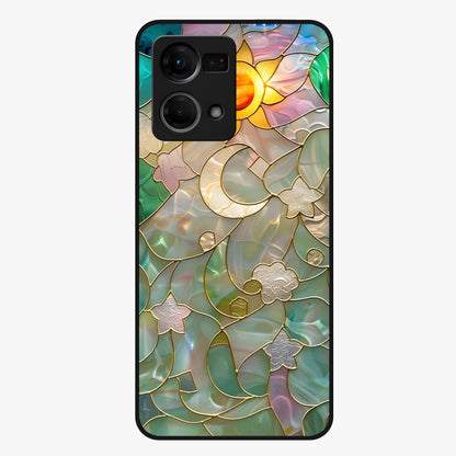 Stained Sunrise Glow Glass Case showing flat back view with glowing sunrise stained pattern artwork and glossy glass finish.