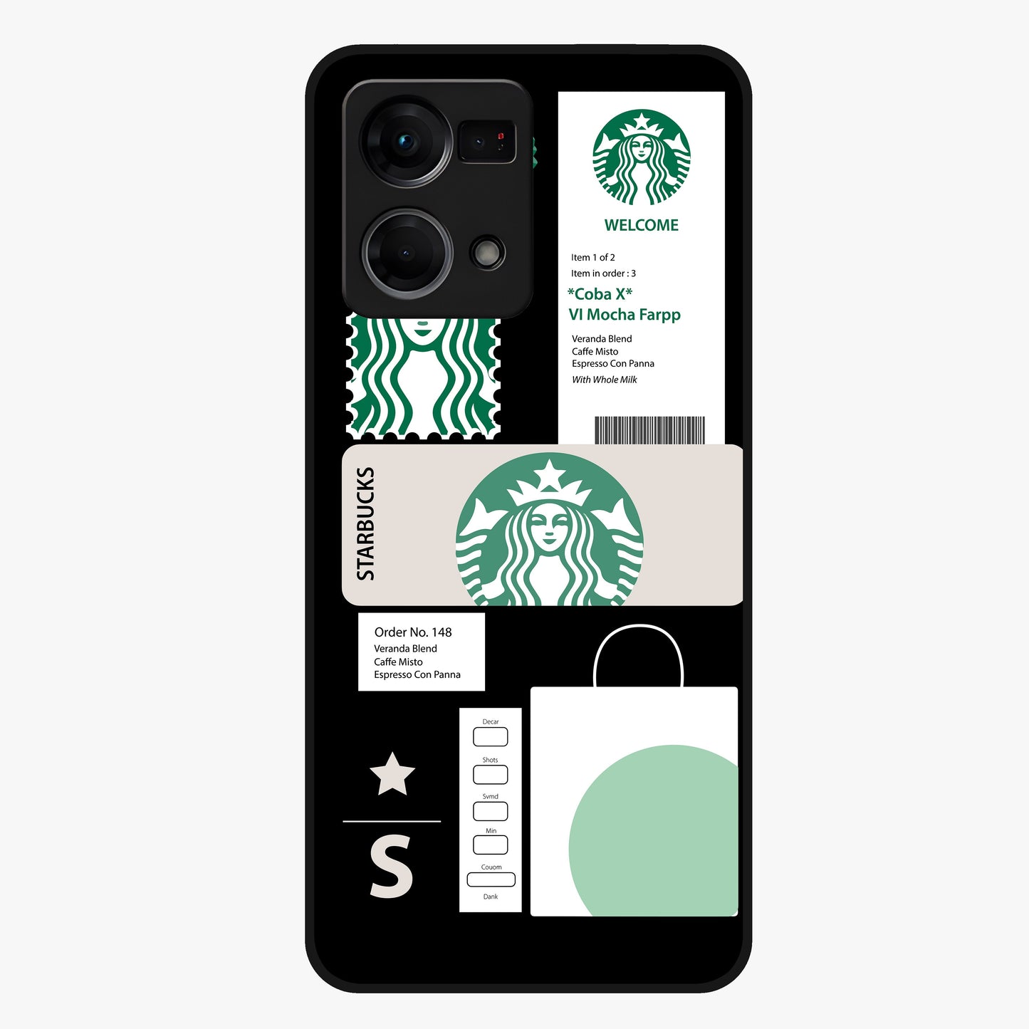 Starbucks Mocha Glass Case showing flat back view with coffee inspired artwork and glossy glass finish.