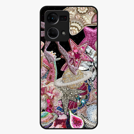 Starlit Jewel Dream Glass Case showing flat back view with sparkling jewel and star themed artwork and glossy glass finish.