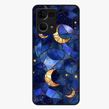 Starlit Sky Tapestry Glass Case showing flat back view with decorative starry sky tapestry artwork and glossy glass finish.