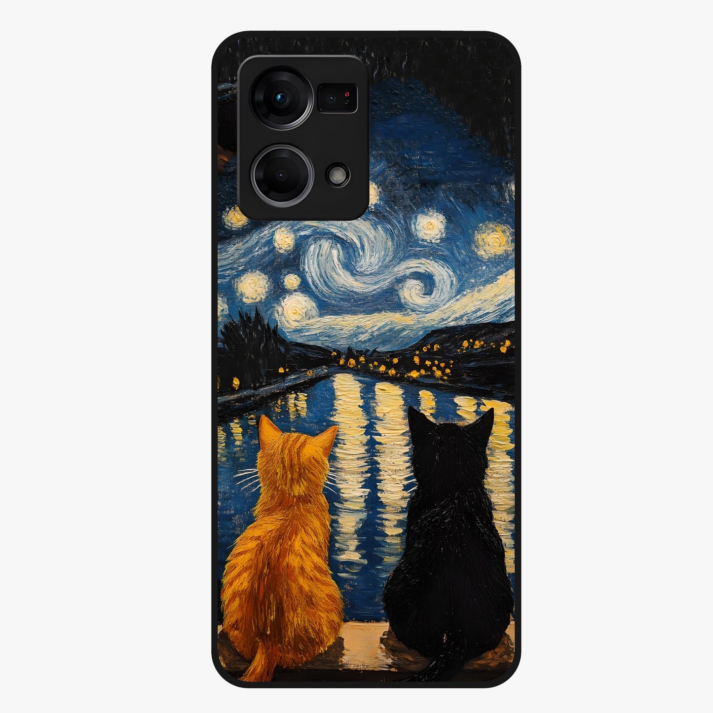 Starry River Cats Glass Case showing flat back view with cats by a starry river artwork and glossy glass finish.