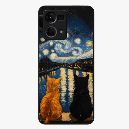 Starry River Cats Glass Case showing flat back view with cats by a starry river artwork and glossy glass finish.