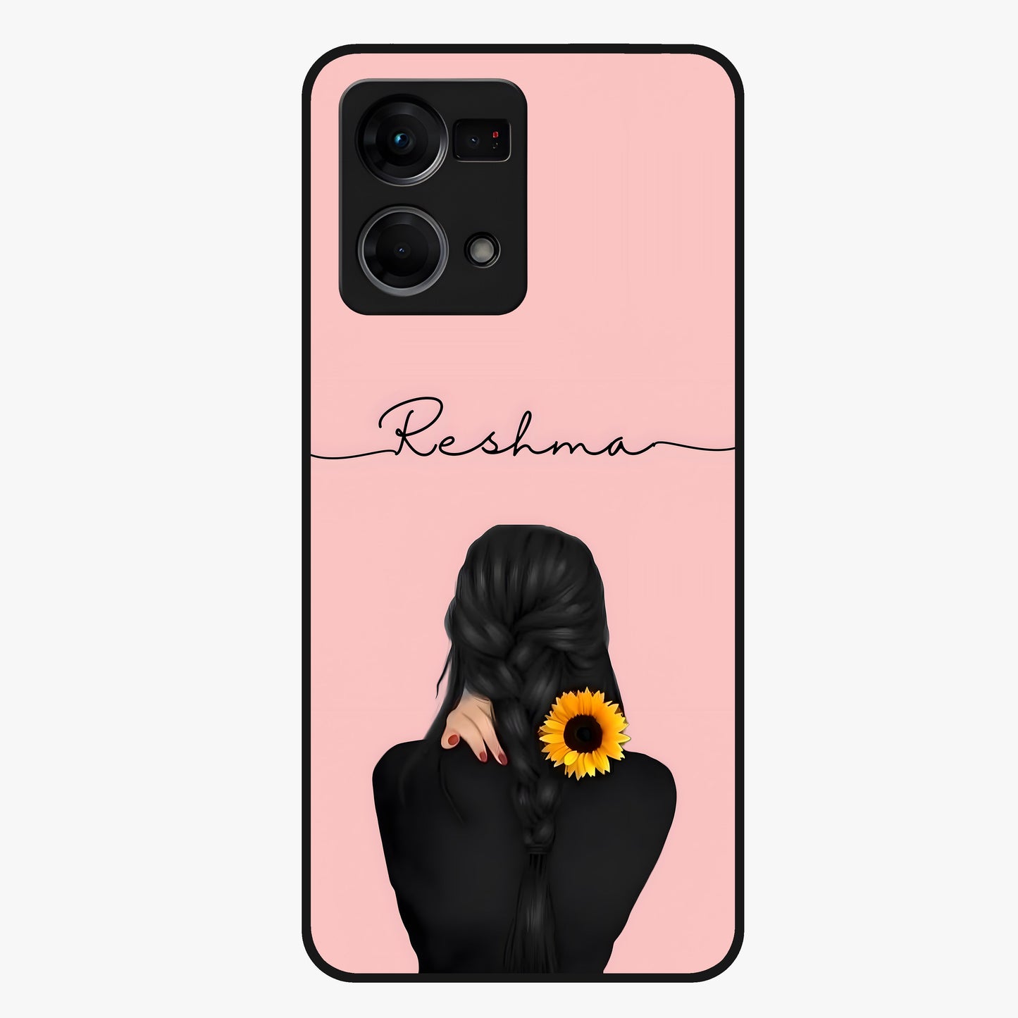 Sunflower Braid Beauty With Custom Name Glass Case showing flat back view with sunflower braid artwork and personalized name design.