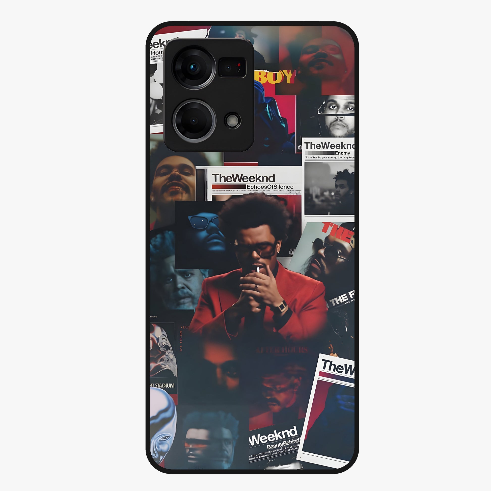 The Weeknd Glass Case showing flat back view with music inspired artistic portrait artwork and glossy glass finish.
